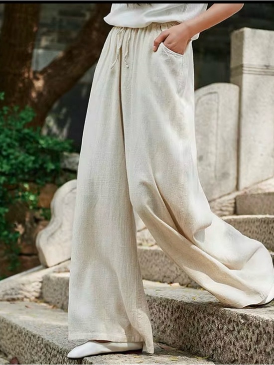 Not branded boutique Pants - Women's Wide-Leg Cotton Linen Blend Pants - Cream